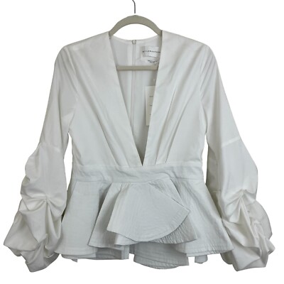 Style Keepers Neiman Marcus Blouse Size Medium White Cinched Long Sleeves Peplum