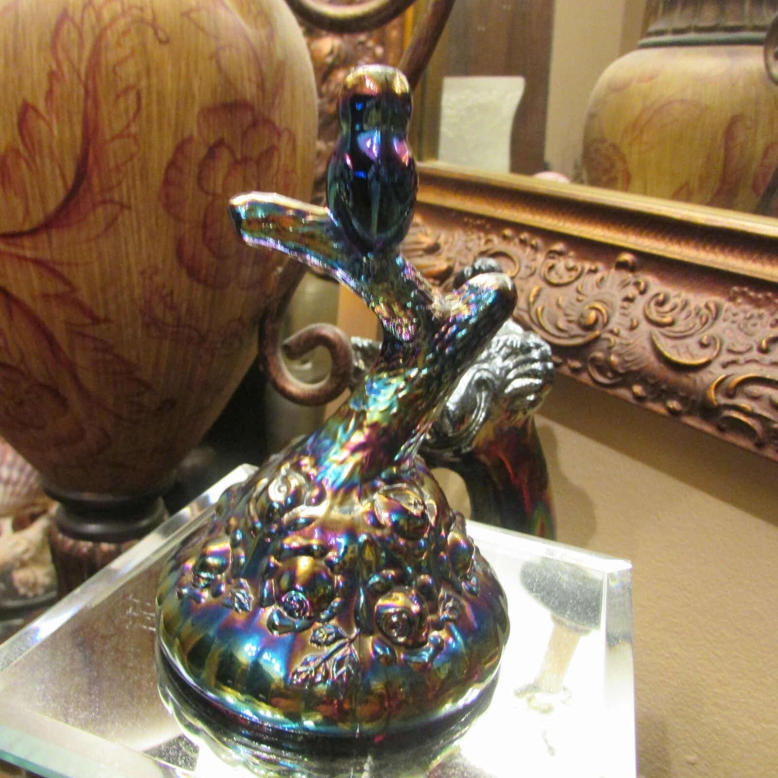 BEAUTIFUL  HARD TO FIND PIECE FENTON CARNIVAL GLASS RING HOLDER   OWL