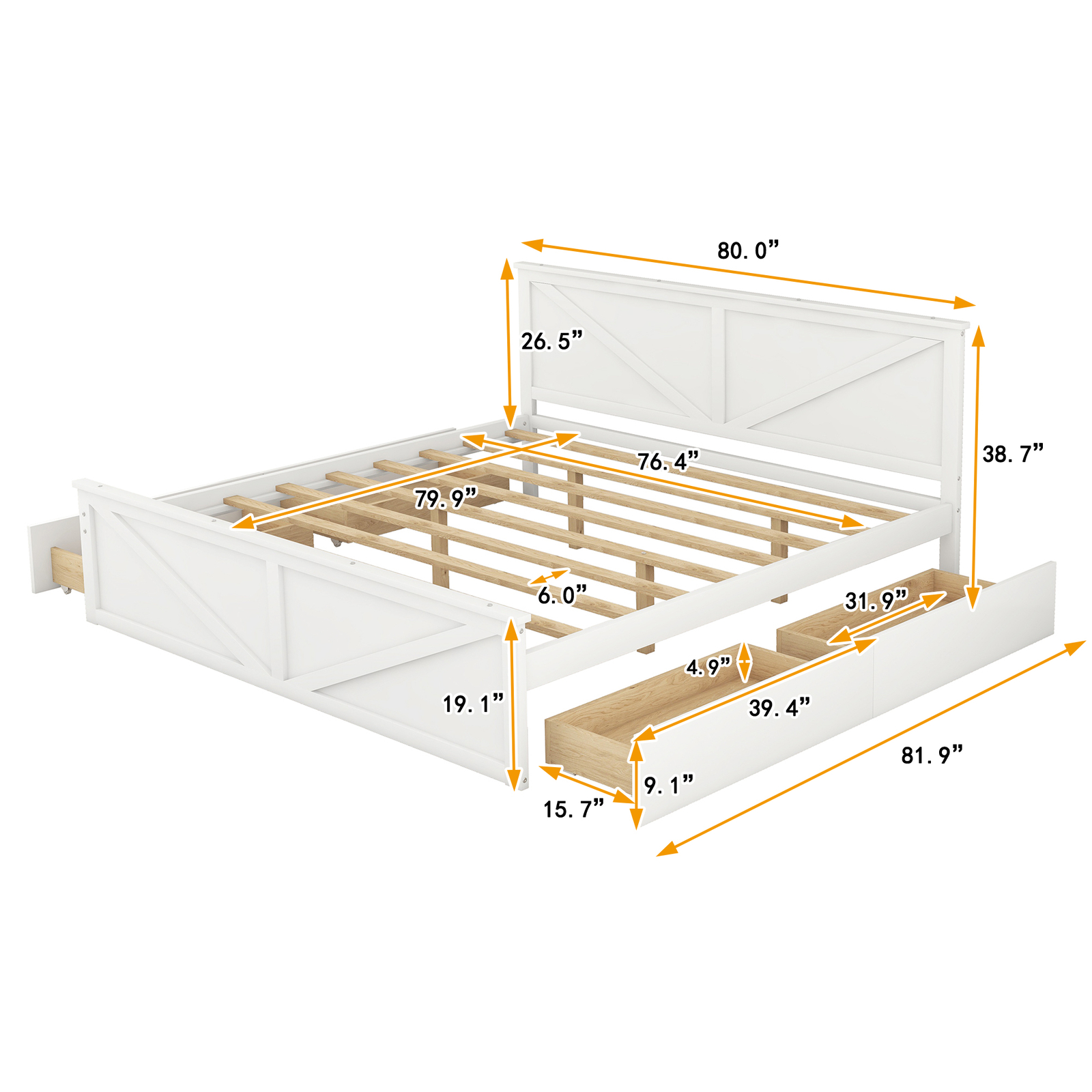 King Size Solid Pine Wood Platform Bed Frame With Four Storage Drawers US