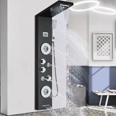 Black Shower Panel Tower System Rain&Waterfall Body Massage Jet Stainless Steel