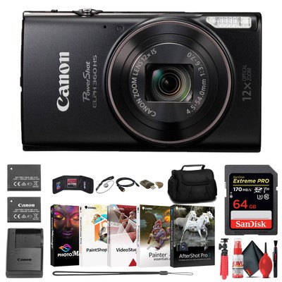 Canon PowerShot ELPH 360 HS Digital Camera + 64GB Card + Battery + Case + More