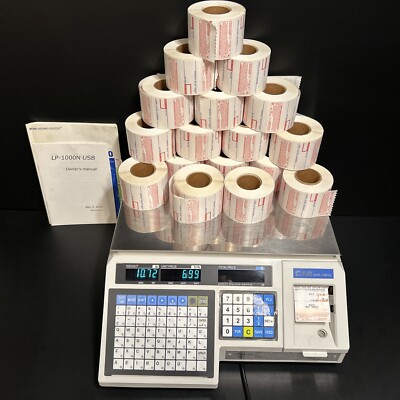CAS LP1000N Label Printing Weigh Scale With 18 Rolls Of Stick Labels Great Cond.