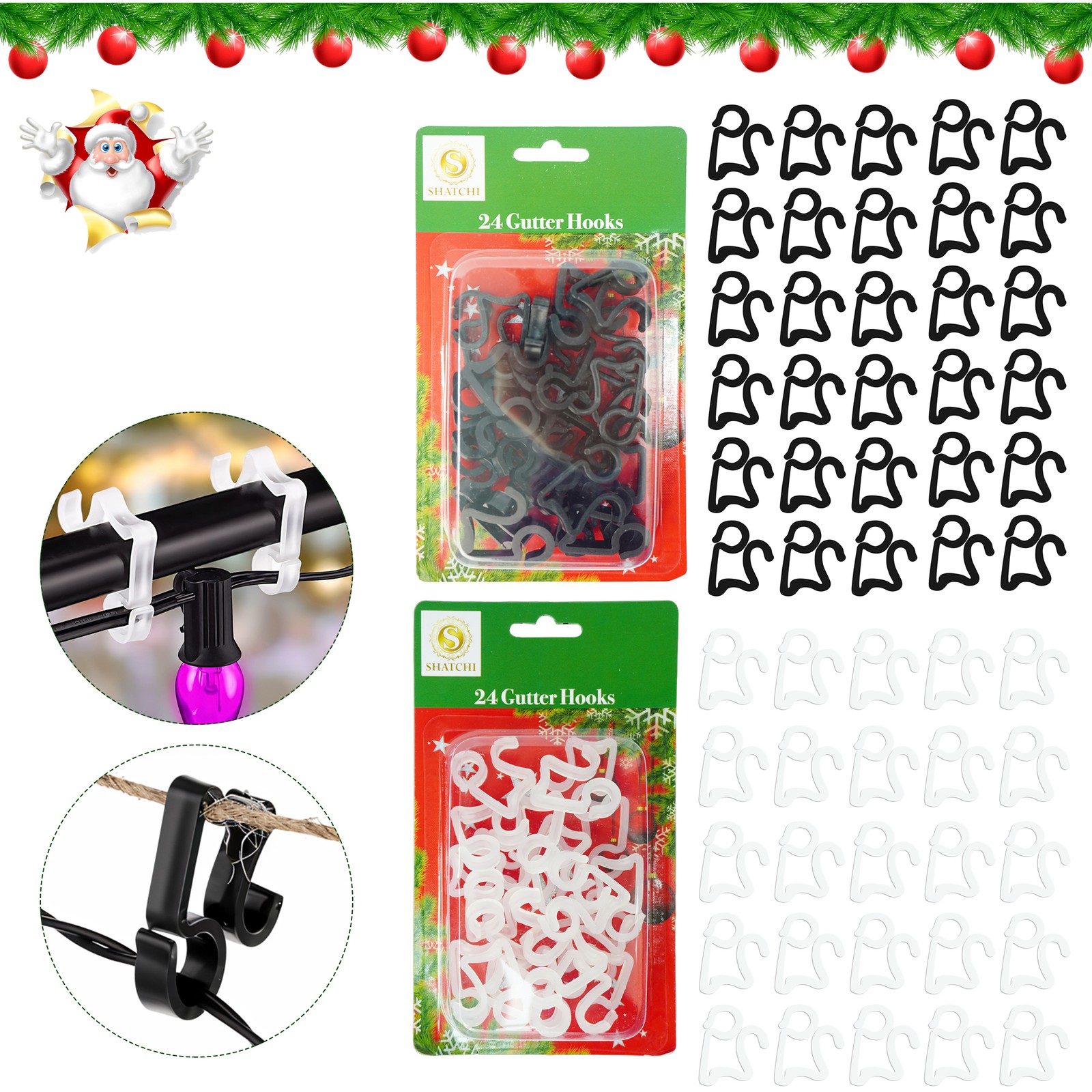 24/48pcs Plastic Outdoor Hanging Gutter Hooks Clips Christmas Strings LED Lights