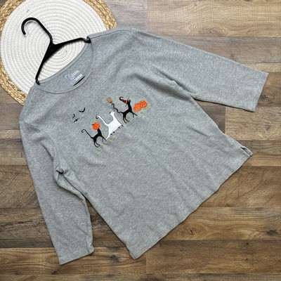Classic Elements Embroidered Halloween Cats Shirt Womens Small Gray Long Sleeves