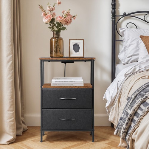Set of 2 Nightstand Bedside Table 2 Drawers with Charging Station and USB Ports