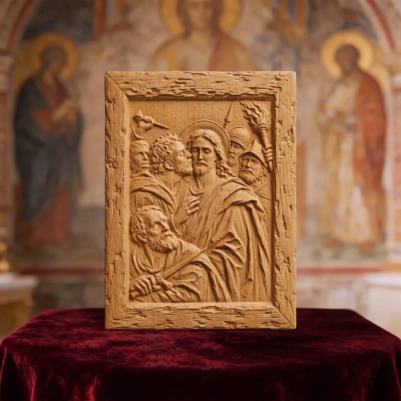 Judas Kiss Betraying Jesus Christ Wood Carved Handmade Christian Icon Home Decor