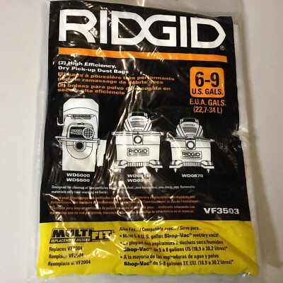 Ridgid High-Eff Fine Dry Dust Pick-up Bags 2 Pack 6-9 Gallons V3503. Pkg. Wear