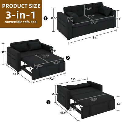 3 in 1 Convertible Sleeper 55" Sofa Bed Velvet Loveseat Pull Out Sofa Bed Couch
