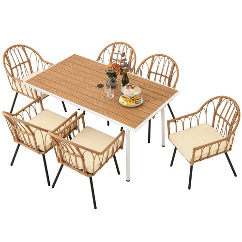 7 PCS Outdoor Dining Set Rattan Wicker Patio Furniture Set Table and Chairs