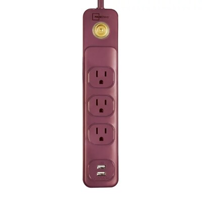 Mainstays 6' 14/3 SJT 3-Outlet Red Burgundy Retro Design Power Strip W/ 2 USB Po