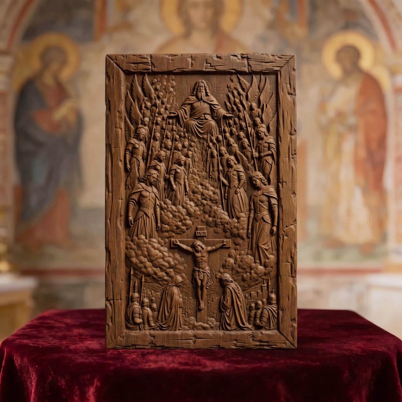 The Crucifixion Wood Carved Handmade Christian Icon | Byzantine Greek Home Decor