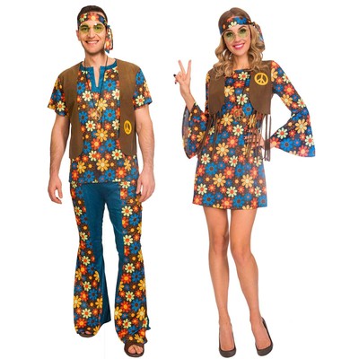 Adult's Men's Womens Couples Groovy Hippy 60's 70's Fancy Dress Hippie Costume 