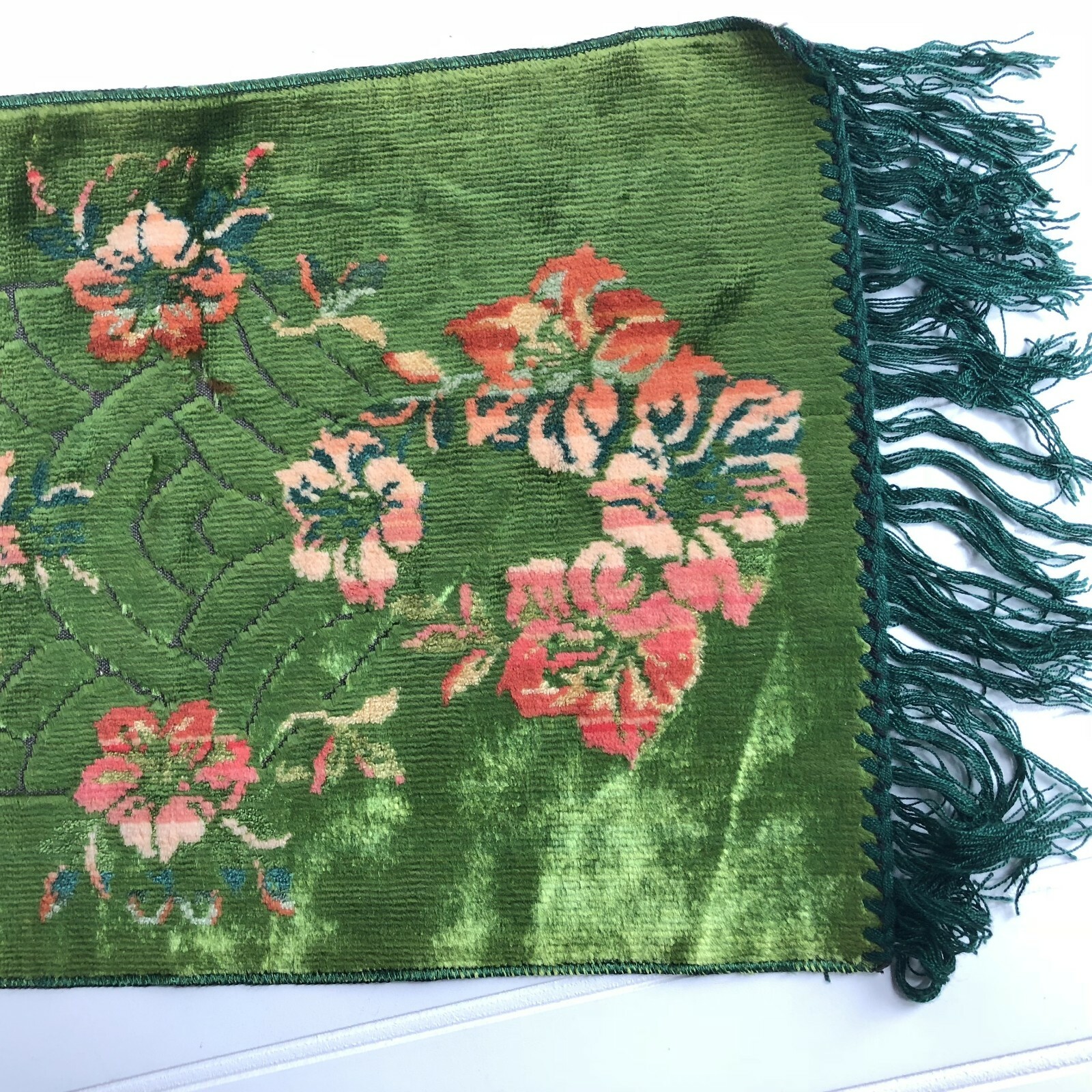 Velvet Made in Italy Fringed Table Runner Piano Scarf Shiny Green Pink Flowers