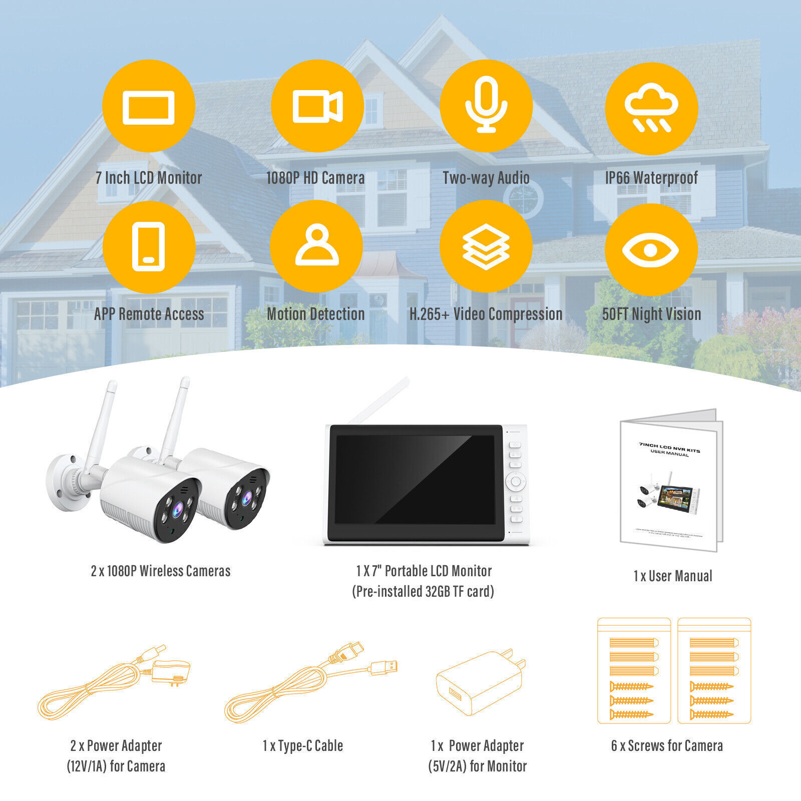 Wireless Security Camera System Home Outdoor W/7''Monitor WiFi NVR 2 Way Audio