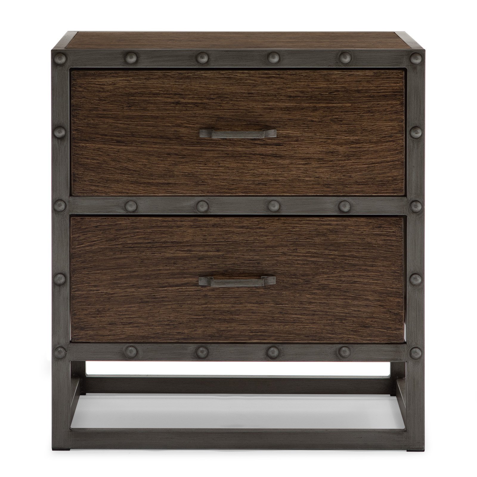 Modern Farmhouse Urban Loft Industrial Gray Brown Wood Metal 2 Drawer Nightstand