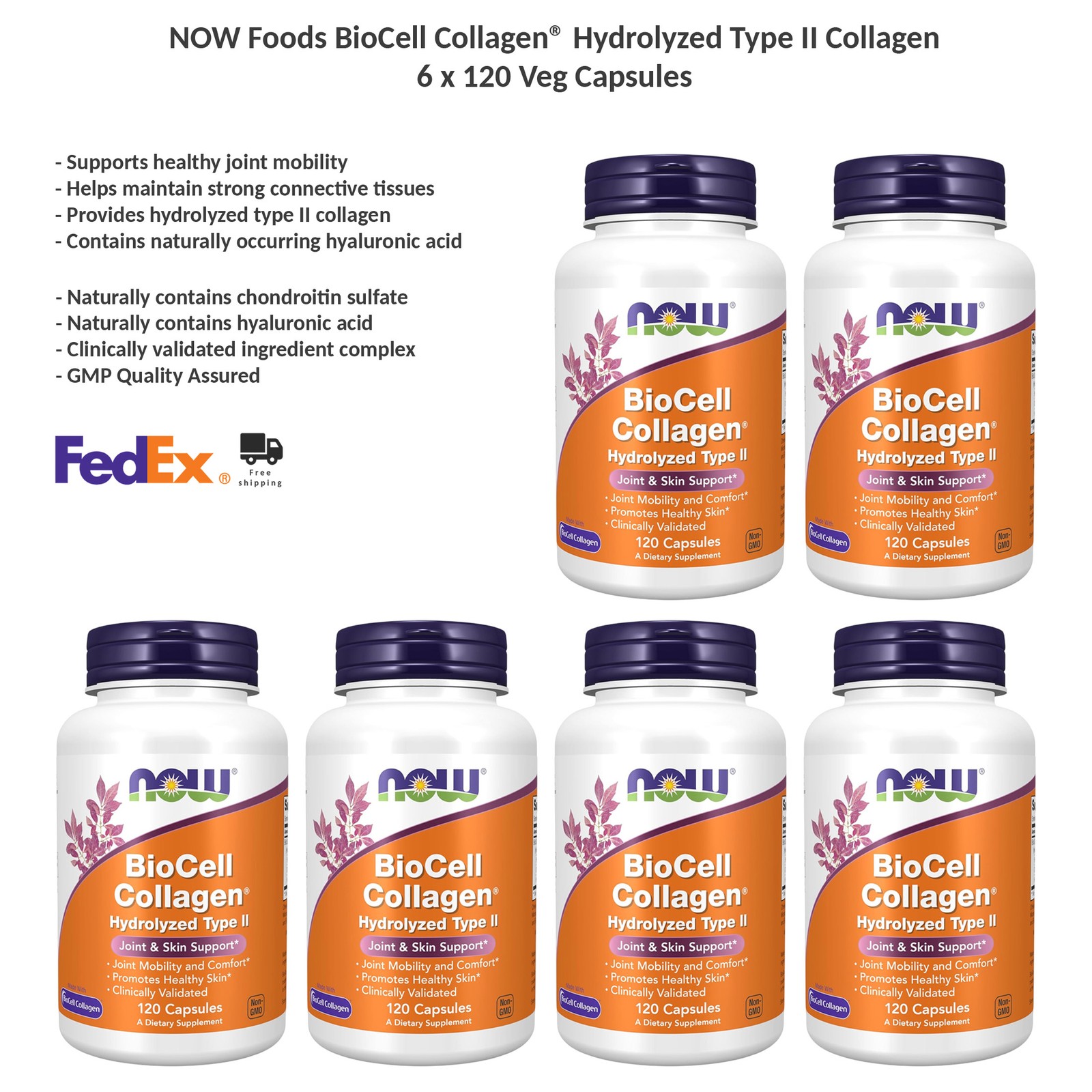 NOW Foods BioCell Collagen Hydrolyzed Type II Joint Support 6x120 Veg Caps