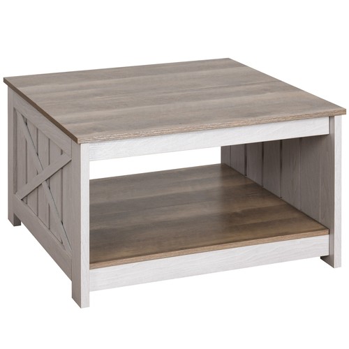 Modern Square Coffee Table Wood Center Table w/ Half Open Storage Compartment