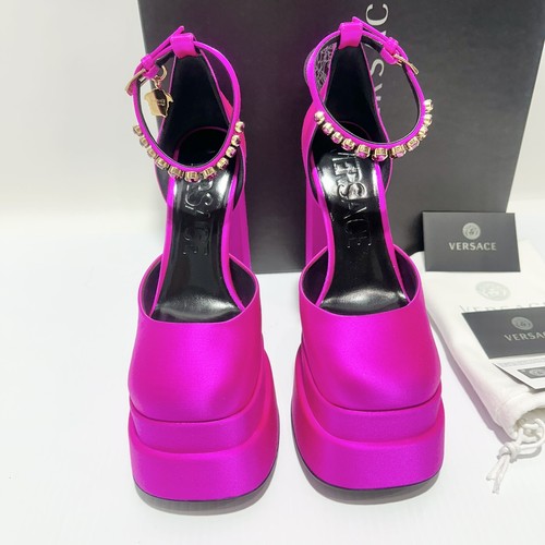 Pre-owned Versace Aevitas Platform Pink Fuchsia Satin Pump Crystal Size 38/ 8 Nwb $1,575
