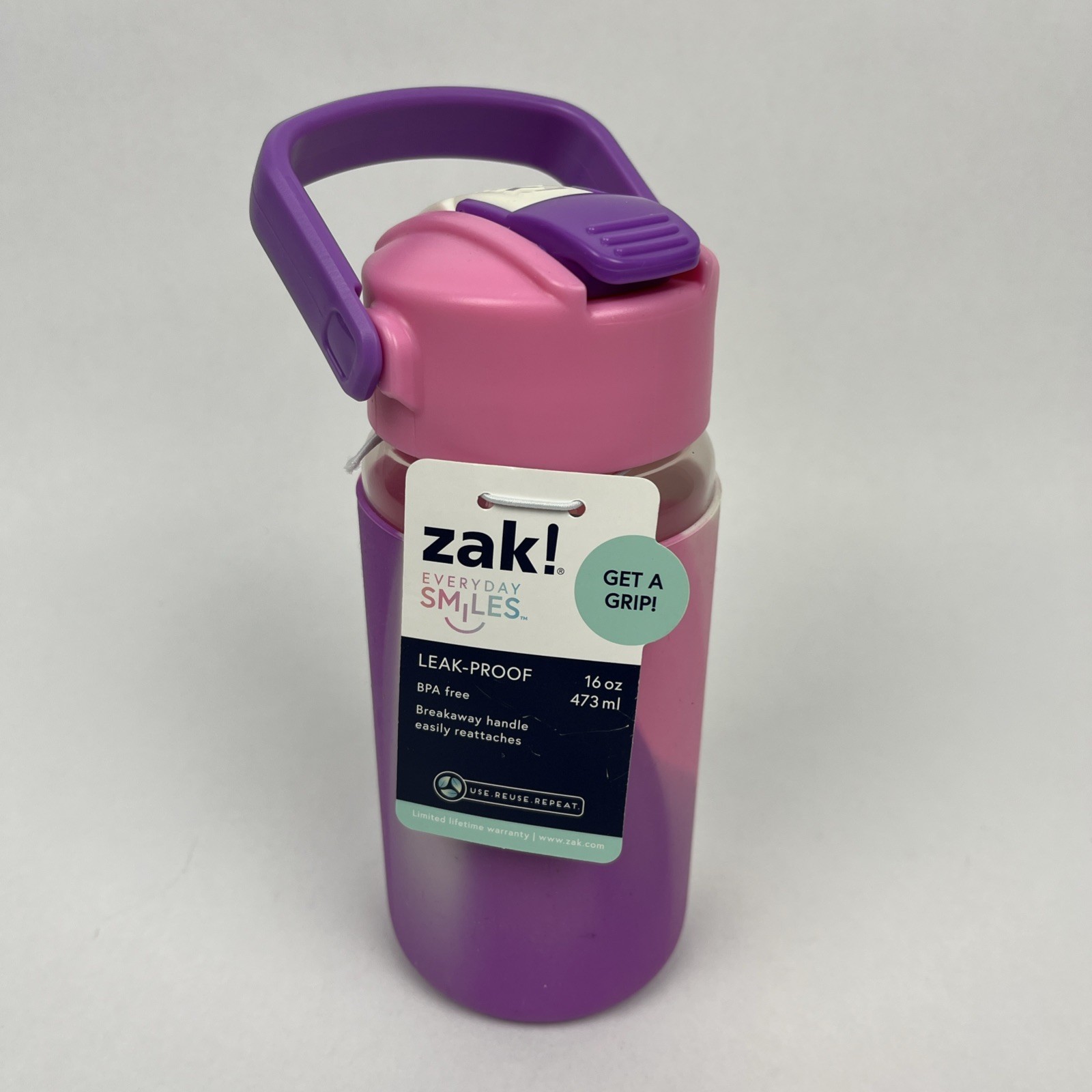 NEW Zak! Everyday Smiles Pink/Purple 16oz Water Bottle Hinge Straw