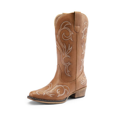 Women Low Heel Pull On Western Boots Square Toe Cowboy Cowgirl Mid Calf Boots