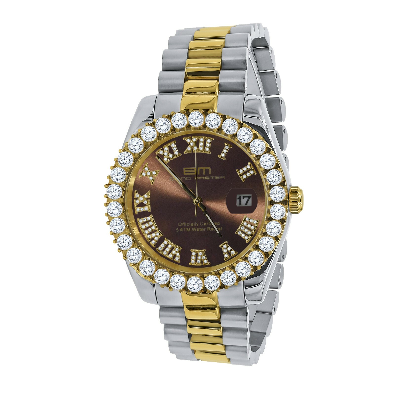 Pre-owned Bling Master Solid Steel Brown Dial 18k 2 Tone Gold Simulated Diamond Presidential Mens Watch