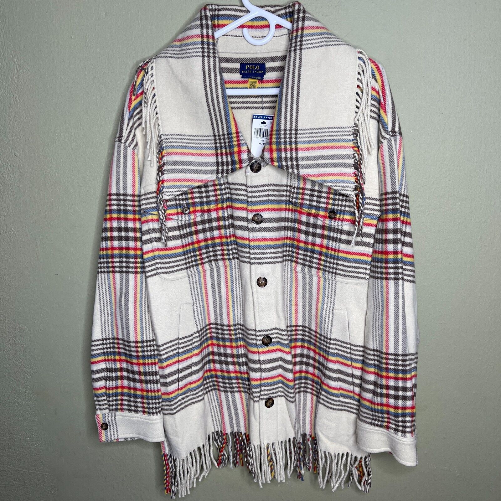 New Womens Polo Ralph Lauren Wool Plaid Fringe Trimmed Shirt
