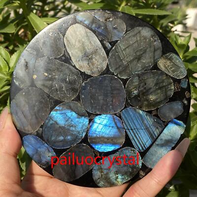 4.4'' Natural Labradorite Disc Specimen Reiki Healing +Stand Mineral Gem 1PC