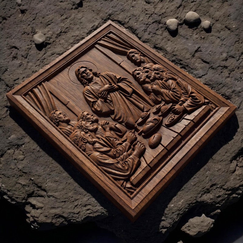 Jesus Christ Blesses the Bread Wooden Carved Handmade Christian Icon Home Decor