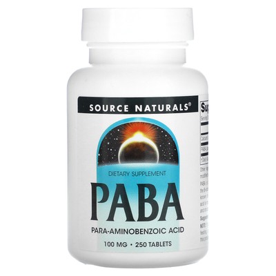 Source Naturals PABA 100 мг 250 таблеток без молочных продуктов, без яиц, без ароматизаторов,