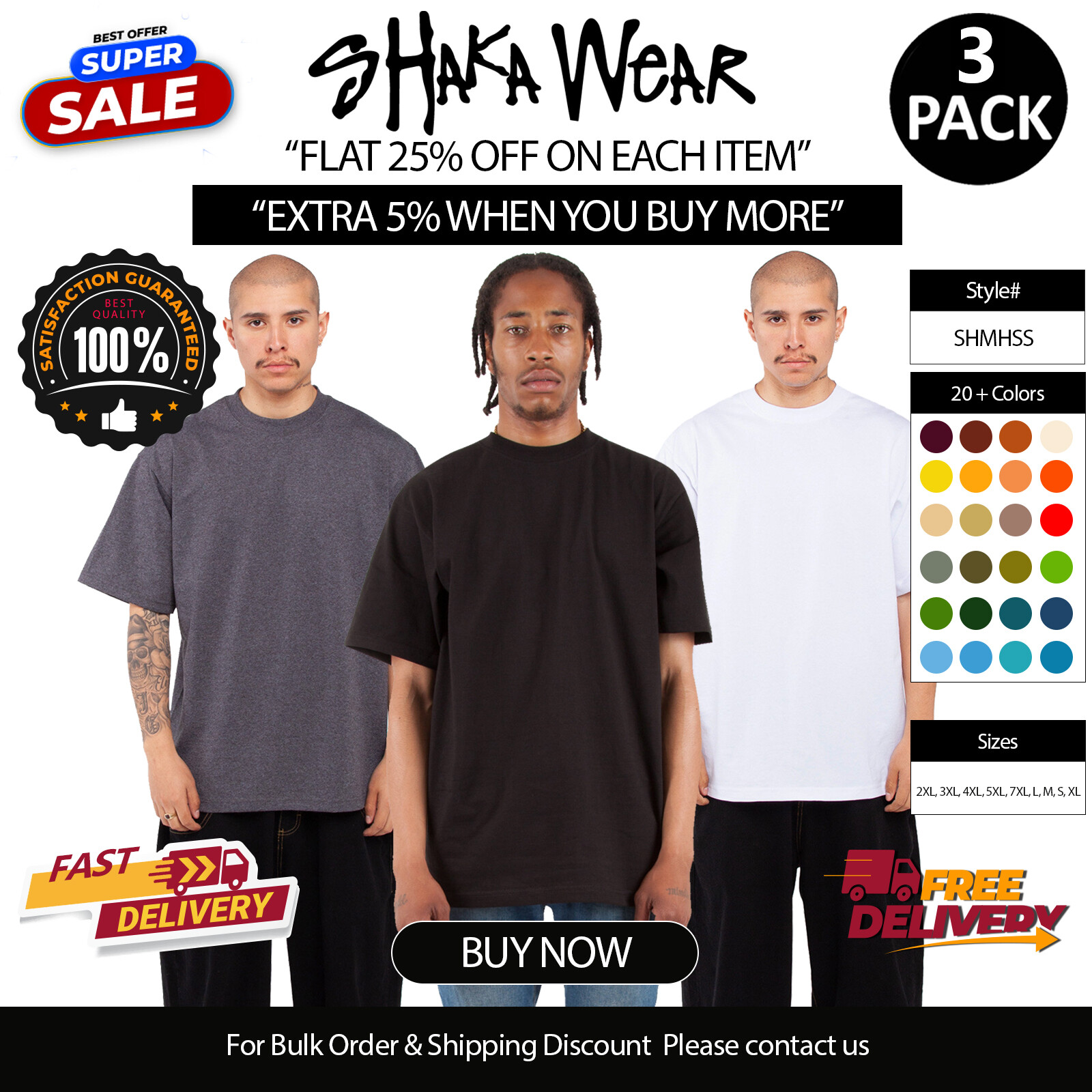 3 Pack Of Shaka Wear Adult Max Heavyweight TShirt Stylish Plain T-Shirt - SHMHSS