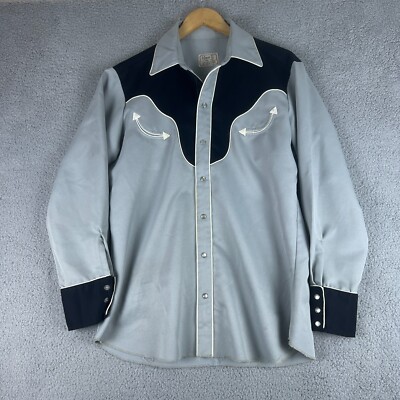 Vtg H Bar C Pearl Snap Shirt Mens Large Gray Rodeo Western Smile Pocket 70s