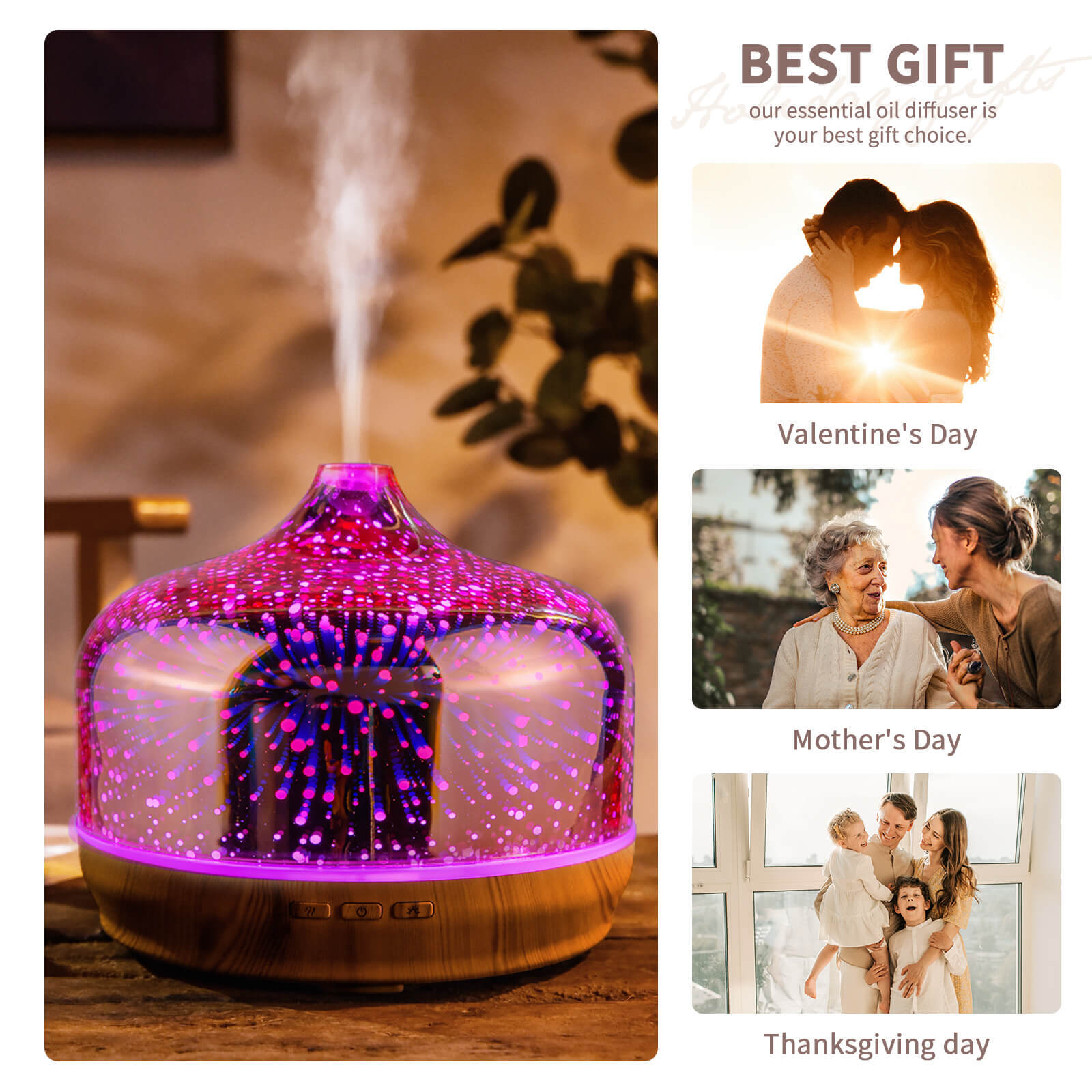 Porseme 500ML Essential Oil Humidifier 3D Glass Aromatherapy Ultrasonic RoseGold