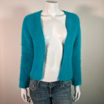 70% Angora Fuzzy Vintage CHRISTOPHER Teal Open-Front Cardigan Sweater 30 in bust
