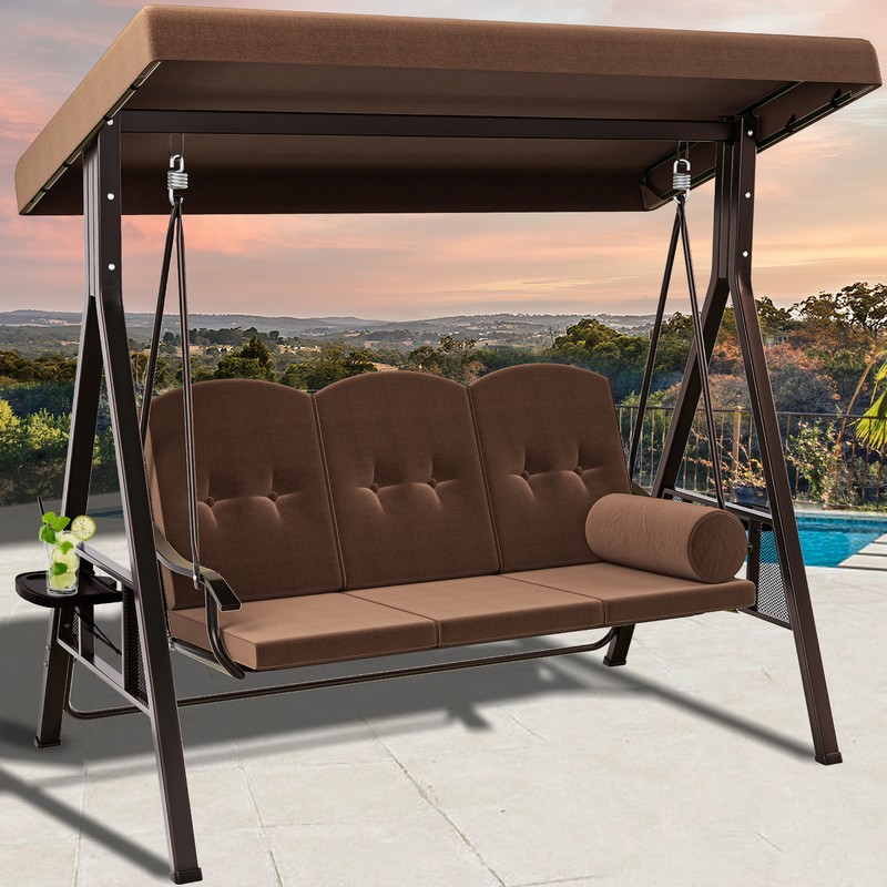 TAUS Deluxe Porch Swing Outdoor Heavy Duty Steel Patio Chair 3-Seat w/ Canopy
