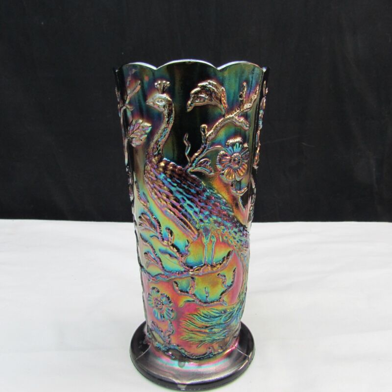 Fenton Black Marigold Amethyst Peacock Vase 1980 W768