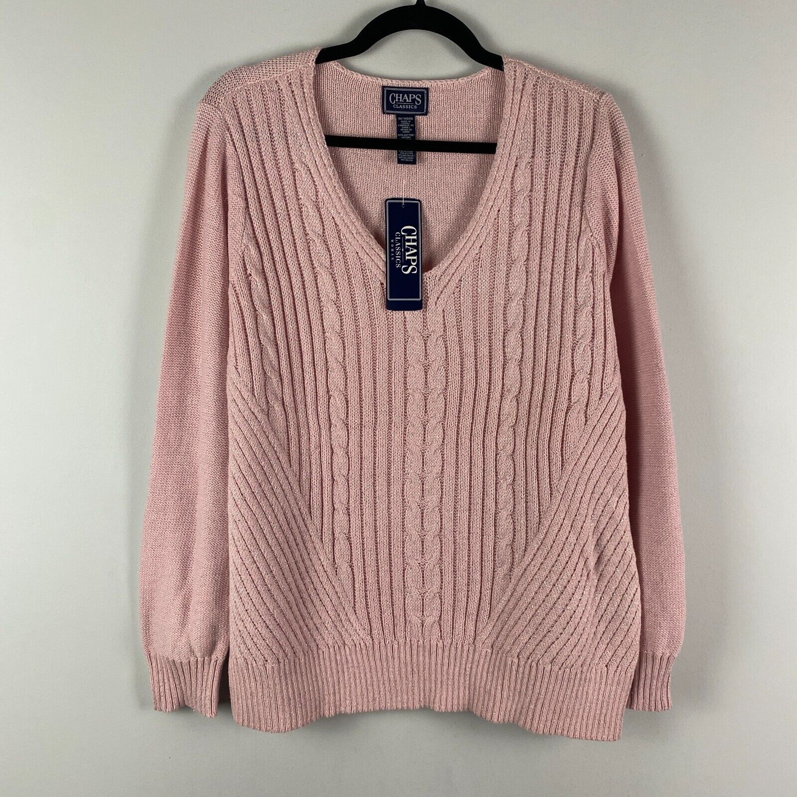 Chaps Cable Knit Sweater Womens 1X Pink Silver Sparkle V Chaps Cable Knit Sweater Womens 1X Pink Silver Sparkle V