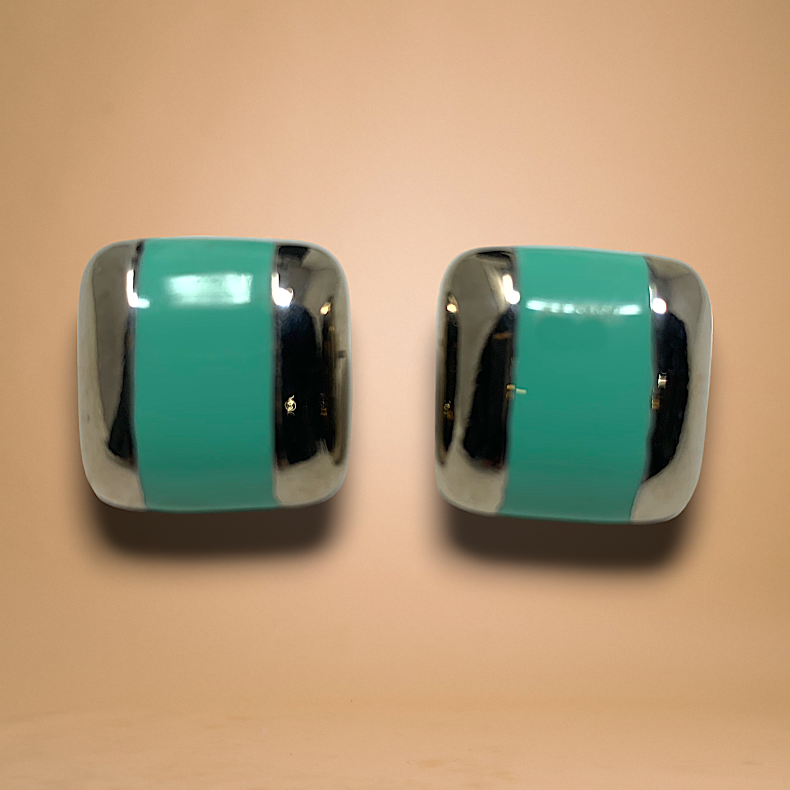 Vintage 1980s Aqua Enamel Silver Tone Earrings New Wave Pierced Carded