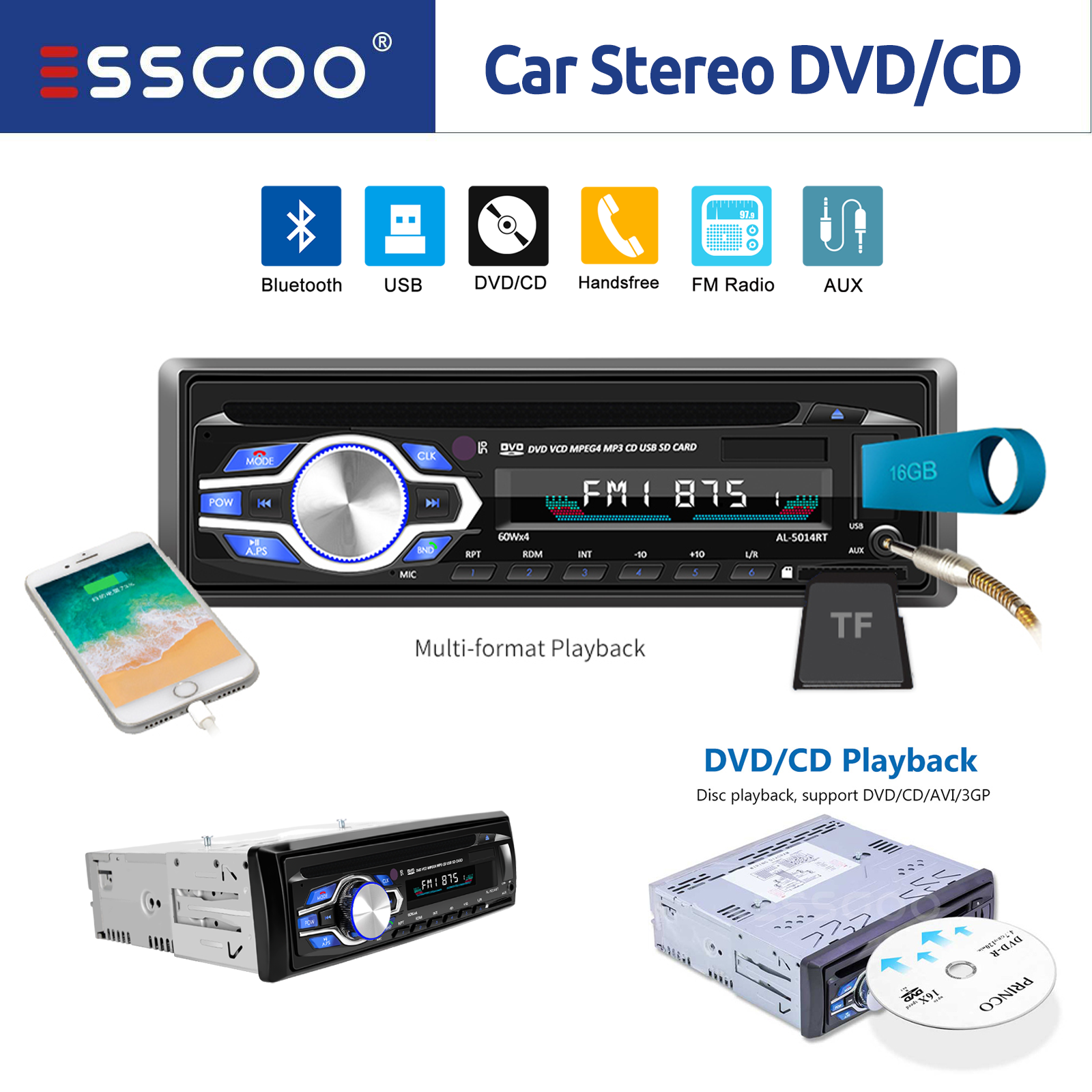 Single DIN Car Stereo CD DVD Radio Bluetooth FM USB SD AUX Audio Receiver Player