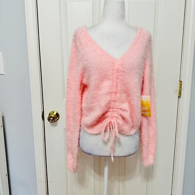 SUGAR MOON BARBIE BARBIECORE FIRST BLUSH FUZZY CROPPED RUCHED SWEATER LARGE