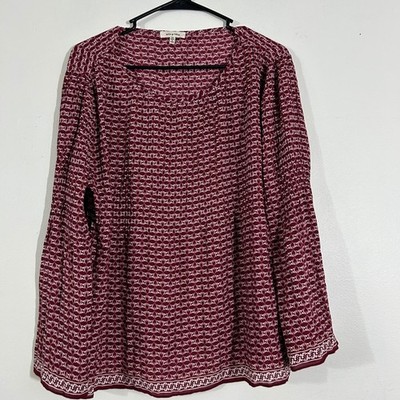 Max Studio Women's Burgundy Heart Print Blouse Top Sz M Long Sleeve Boho