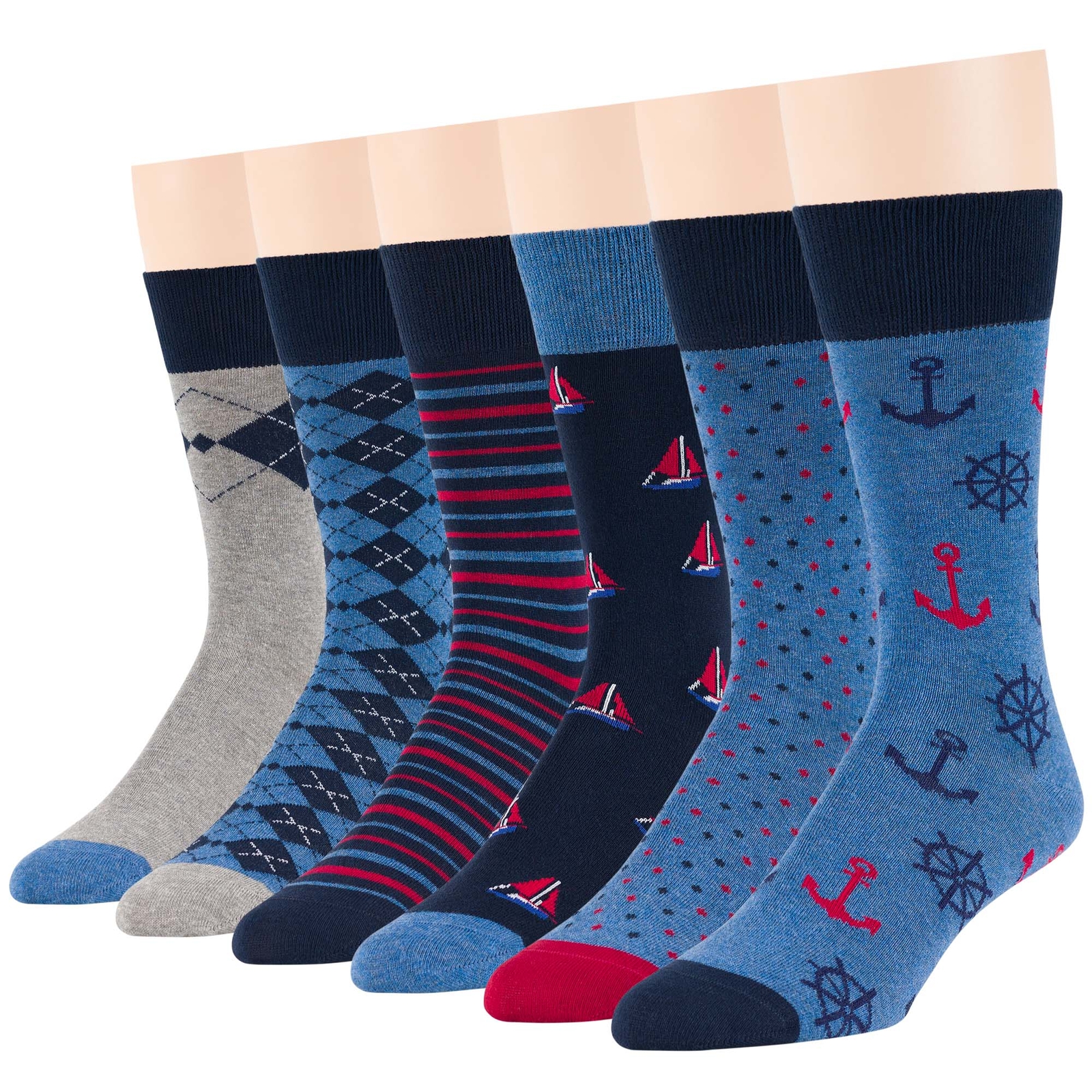 Men Cotton Casual Socks 6 Pack Novelty Sail Anchor Dot Striped Large Blue Grey