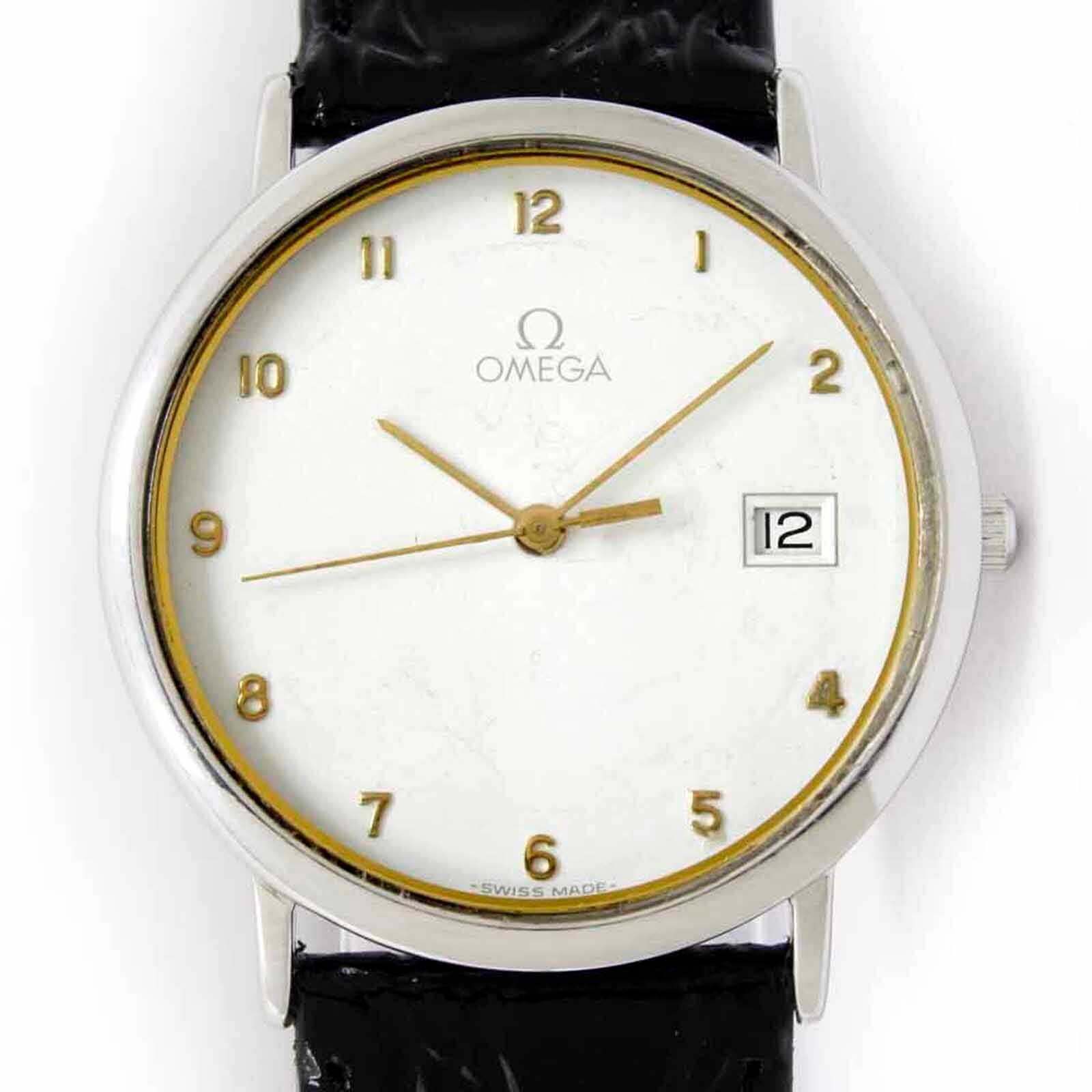 OMEGA De Ville Quartz シルバー ブラックレザー OMEGA De Ville Quartz Watch Black Dial Leather Strap Elegant