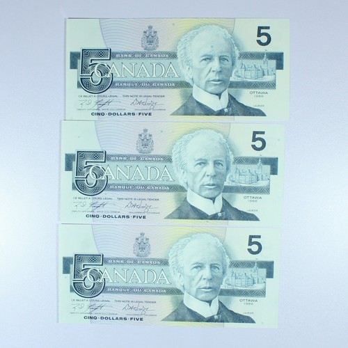 1986 Bank Of Canada $5 X 3 Consecutive BC-56E GPW Knight/Dodge UNC