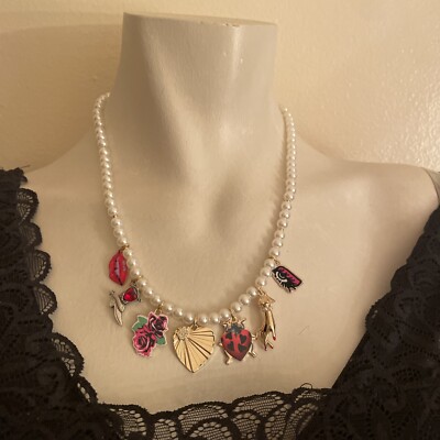 Betsey Johnson Faux Pearl Charm Necklace - Ladybug, Lips, Flower & Cowboy Boot
