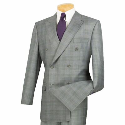 VINCI Men's Gray Glen Plaid Double Breasted 6 Button Classic Fit Suit NEW