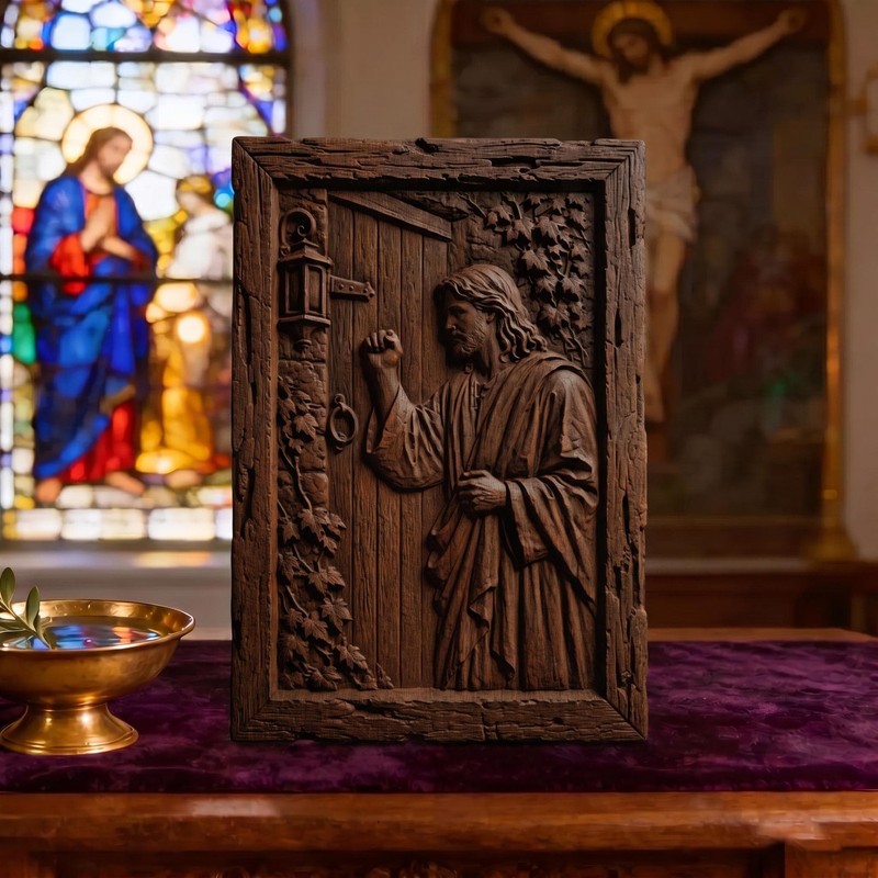 Jesus Christ Stands at the Door and Knocks Wooden Carved Handmade Christian Icon