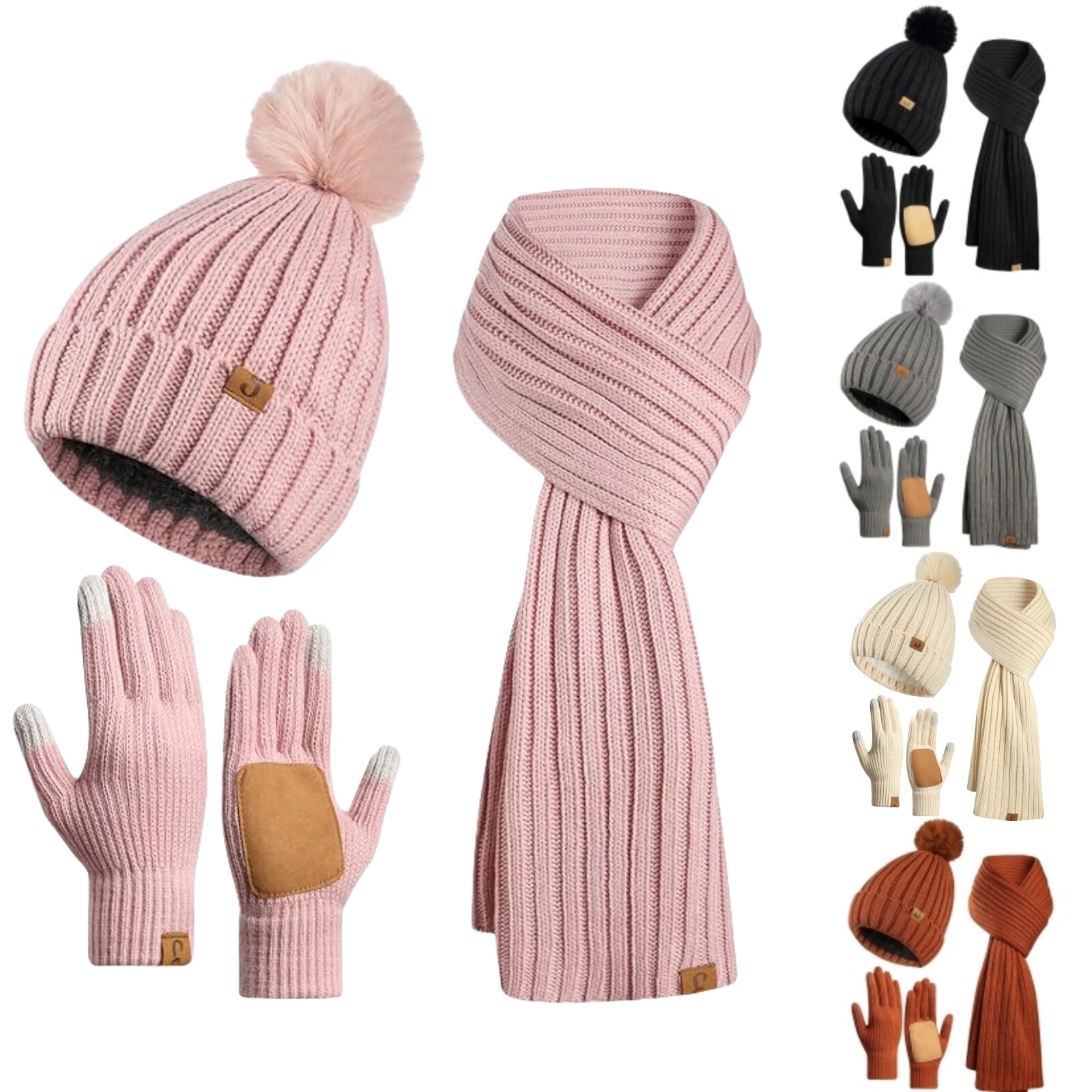 Winter Beanie Fleece Lined Pom Pom Hat Long Scarf Touchscreen Gloves for Women