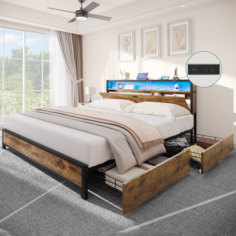 Queen Wooden Storage Headboard Platform W/drawer&charging Station