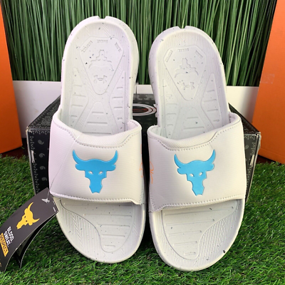 Under Armour Project Rock 3 Grey Blue Surf Charged Slides Sandals