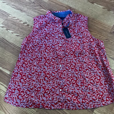 NWT Tommy Hilfiger Red, White & Blue Floral Button Up  Sleeveless Blouse Size 1X
